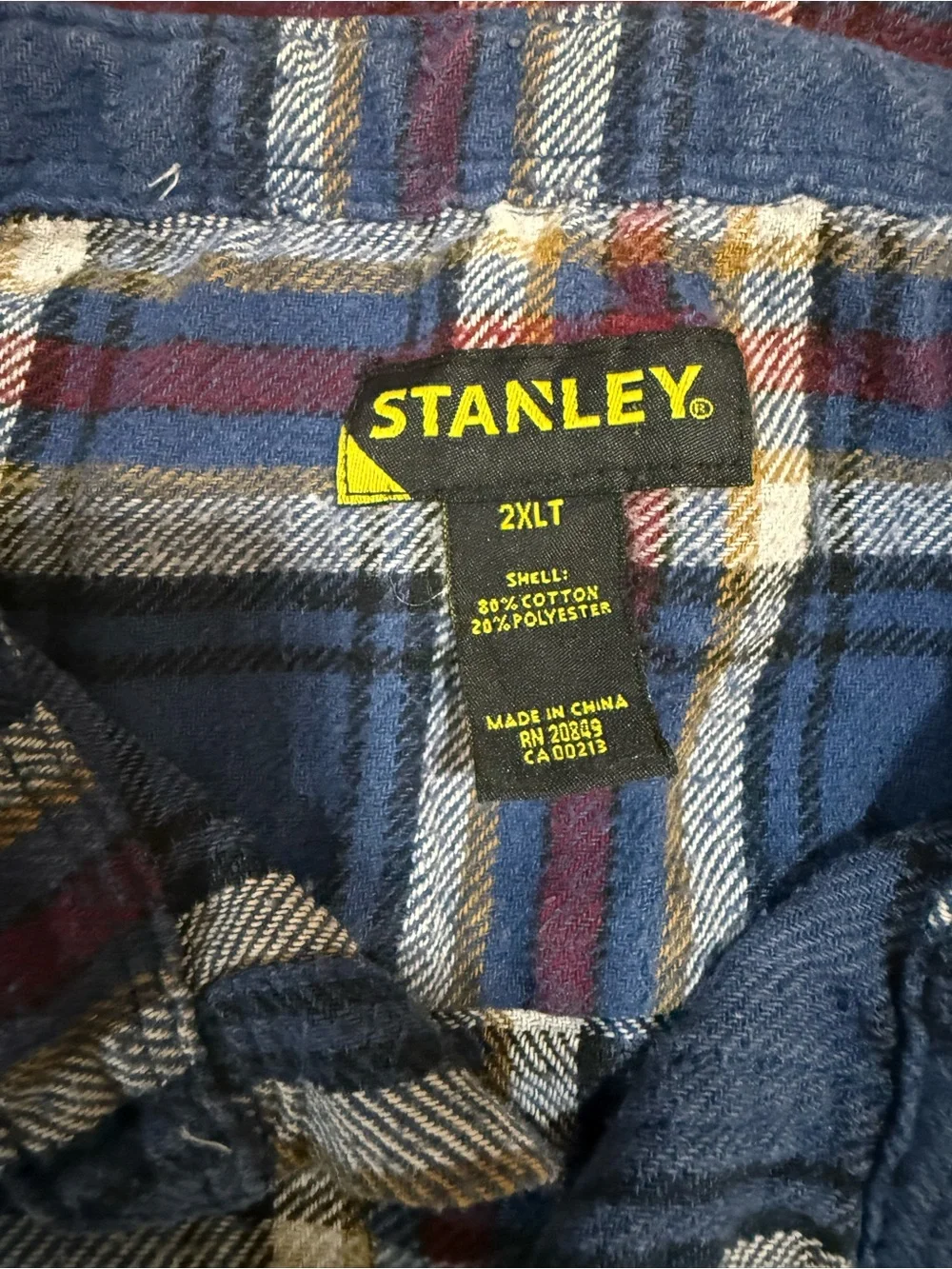Stanley Blue Plaid Button-Down Shirt with Red and White Accents